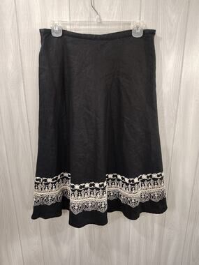 Women's Embroidered Sequin Black Flare Skirt Sz 8 100% Linen Gypsy Boho Festival